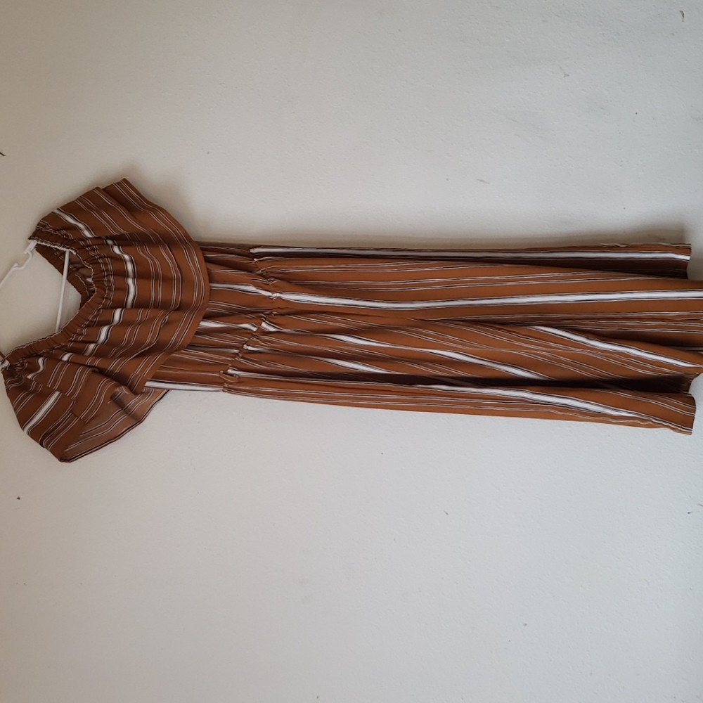 Burnt orange off shoulder pant striped romper